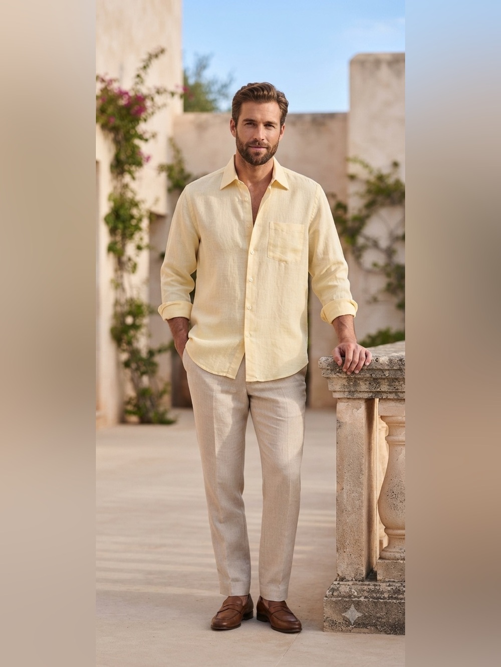 Madeleine Finn Sporting Whites Mens Shirt L 100% Linen Butter Yellow New England